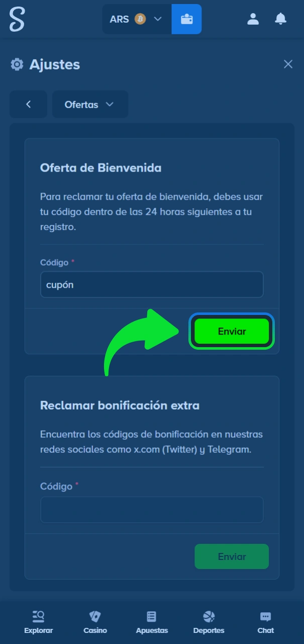 Ingresa tu código promocional en el sitio oficial de Stake.