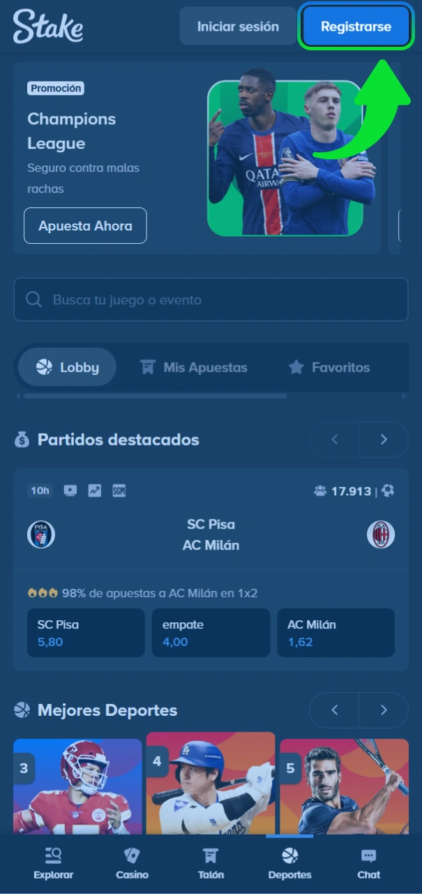 Crea tu cuenta nueva en el sitio oficial de Stake.