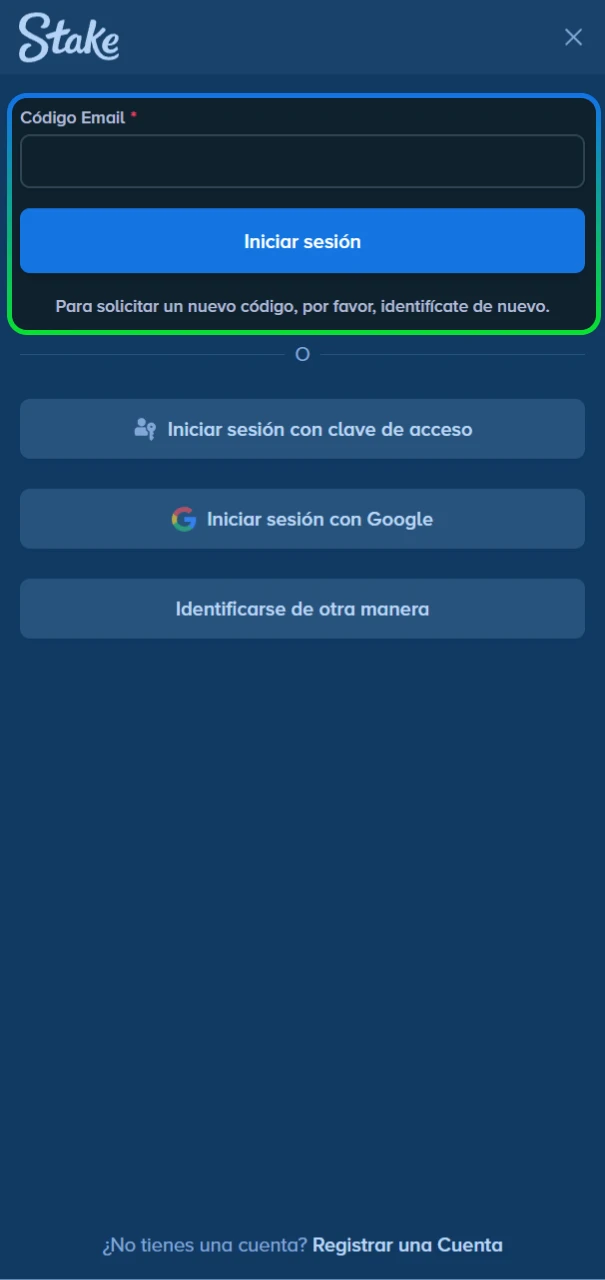 Introducción de los datos de usuario y contraseña en el portal de Stake Argentina.
