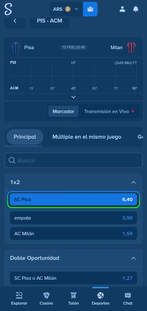 Selección de mercados de apuestas y cuotas disponibles en el sitio de Stake.