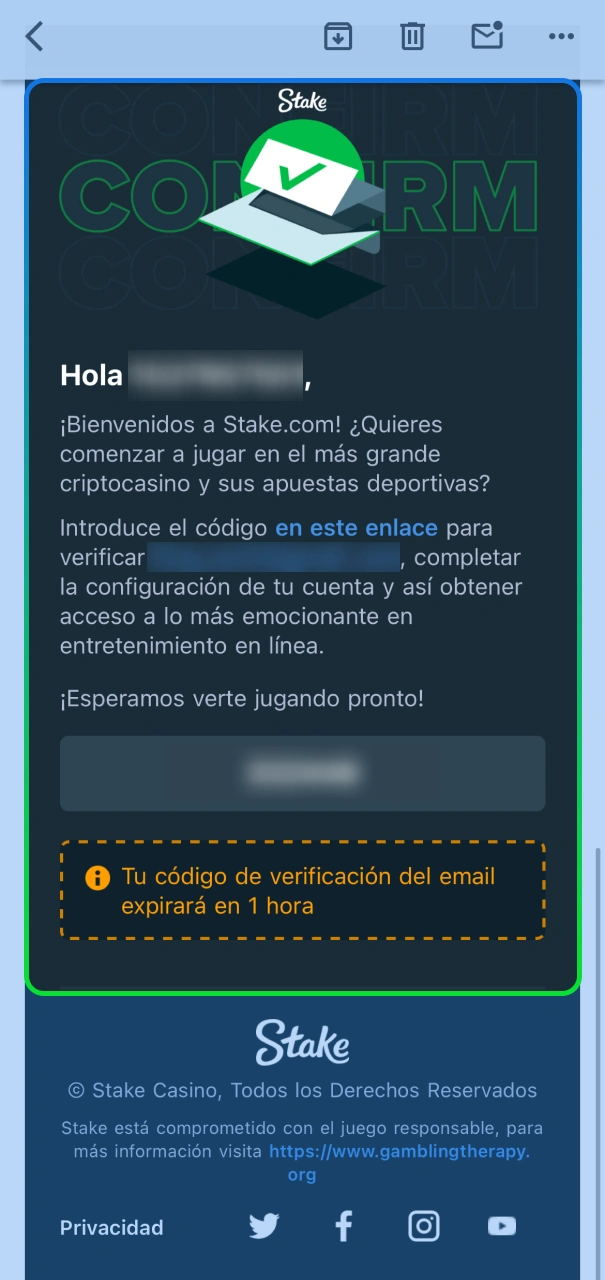 Confirma tu correo electrónico en el sitio oficial de Stake.