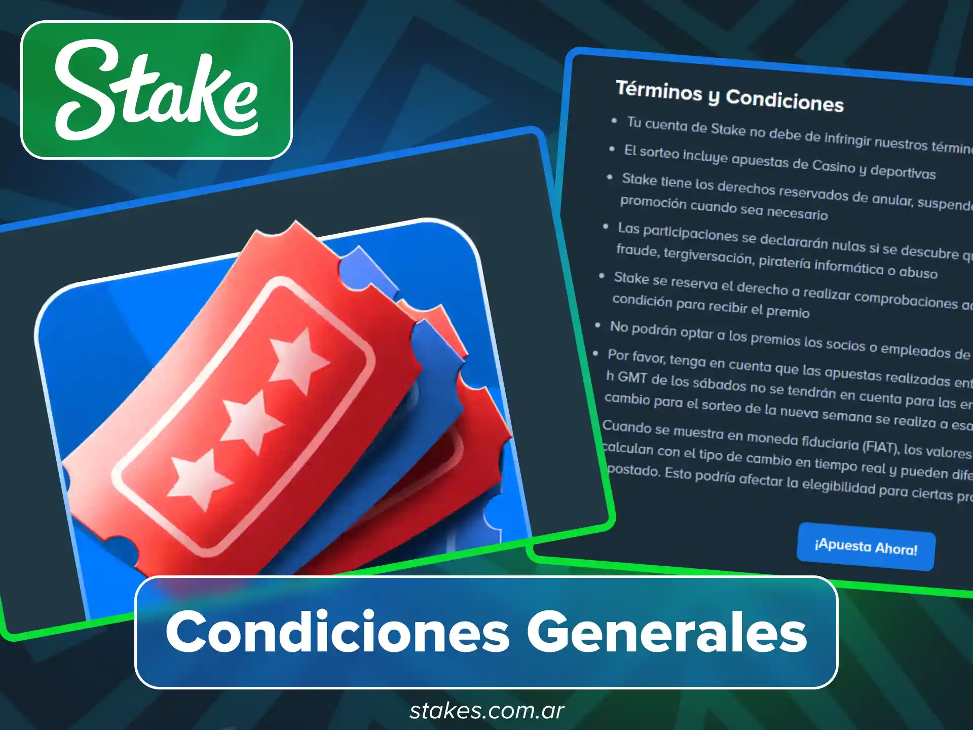 Lee las condiciones de bonos en sitio oficial de Stake.