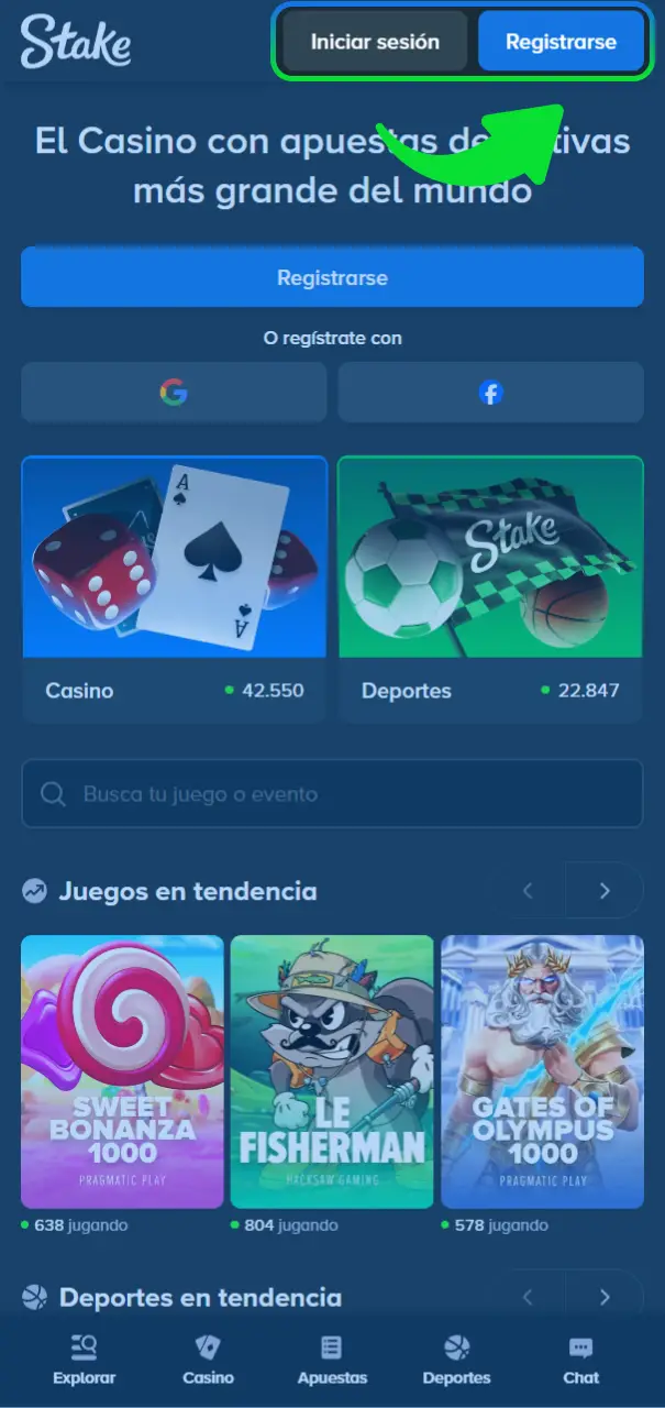 Toca el botón de registro en el sitio oficial Stake móvil.
